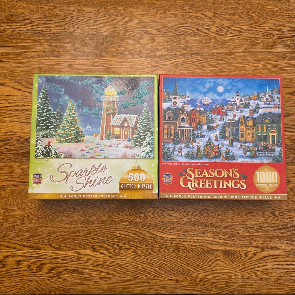 MasterPieces Christmas Jigsaw Puzzle Bundle 1000pc 500pc Glitter Holiday Winter